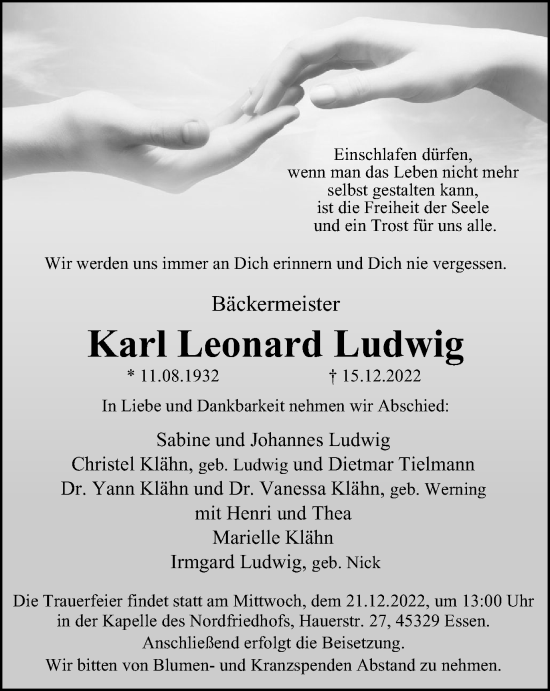 Traueranzeige von Karl Leonard Ludwig von Tageszeitung