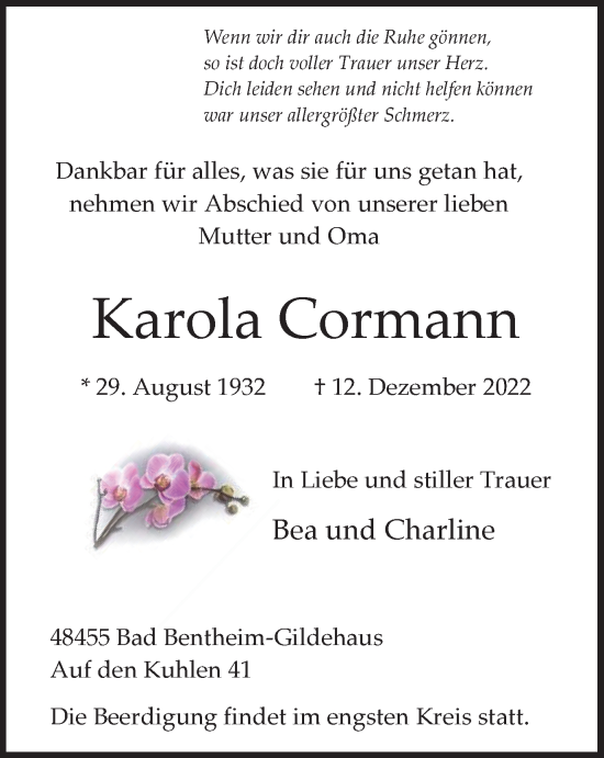 Traueranzeige von Karola Cormann von Tageszeitung