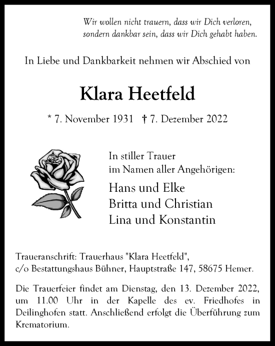 Traueranzeige von Klara Heetfeld von Tageszeitung