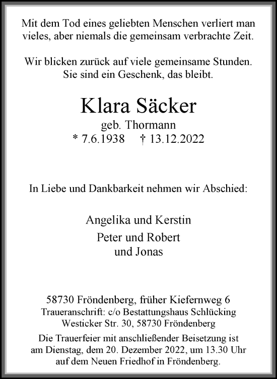 Traueranzeige von Klara Säcker von WVW Anzeigenblätter