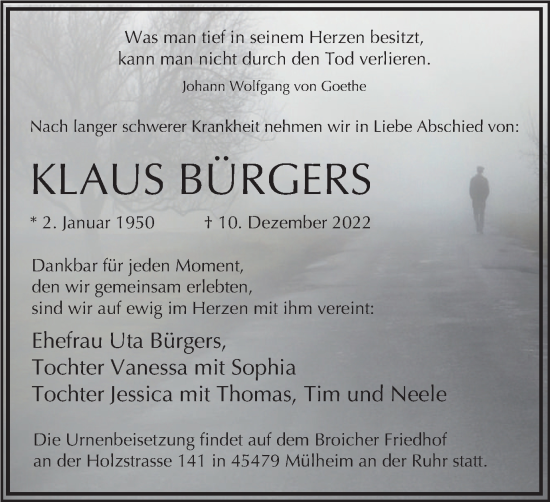 Traueranzeige von Klaus Bürgers von WVW Anzeigenblätter