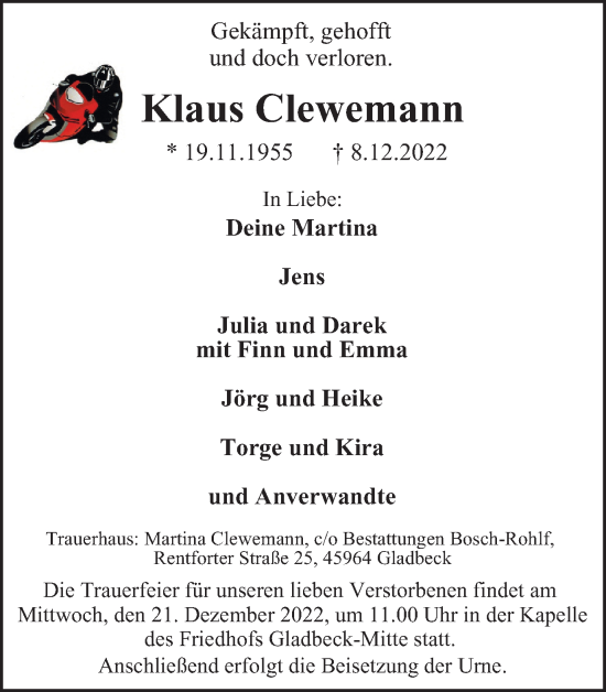 Traueranzeige von Klaus Clewemann von WVW Anzeigenblätter