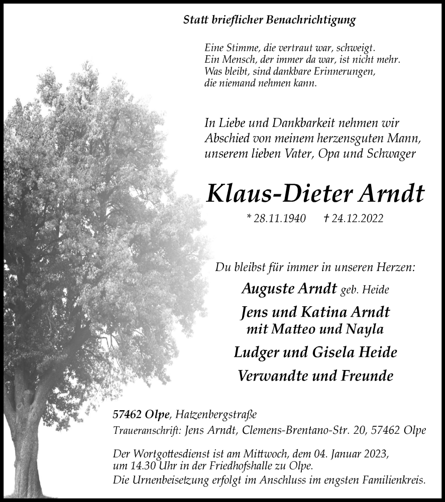  Traueranzeige für Klaus-Dieter Arndt vom 30.12.2022 aus Tageszeitung