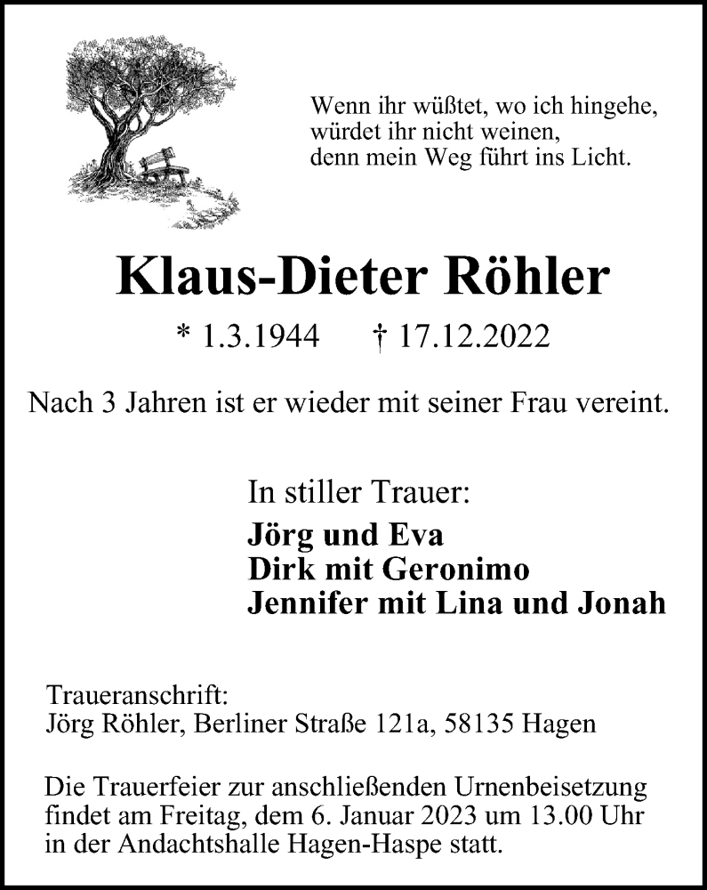  Traueranzeige für Klaus-Dieter Röhler vom 31.12.2022 aus Tageszeitung