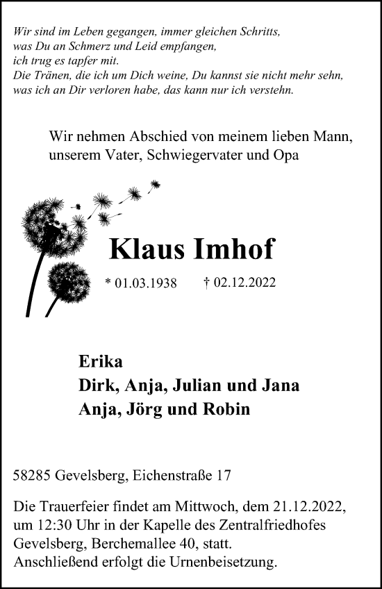 Traueranzeige von Klaus Imhof von Tageszeitung