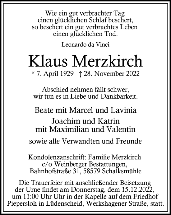 Traueranzeige von Klaus Merzkirch von Tageszeitung