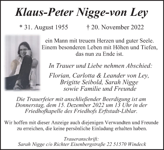 Traueranzeige von Klaus-Peter Nigge-von Ley von WVW Anzeigenblätter