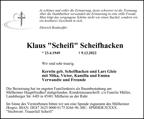 Traueranzeige von Klaus Scheifhacken von WVW Anzeigenblätter
