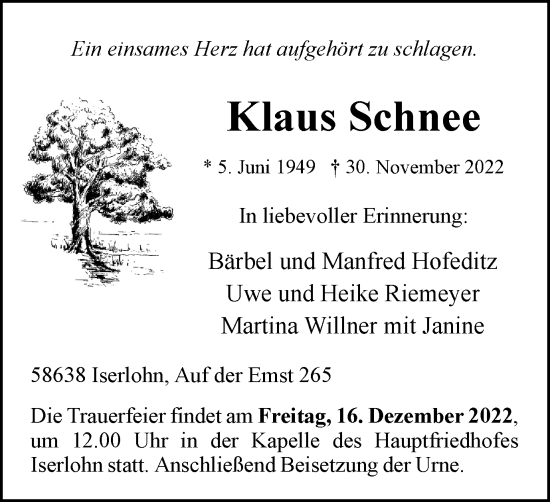 Traueranzeige von Klaus Schnee von Tageszeitung