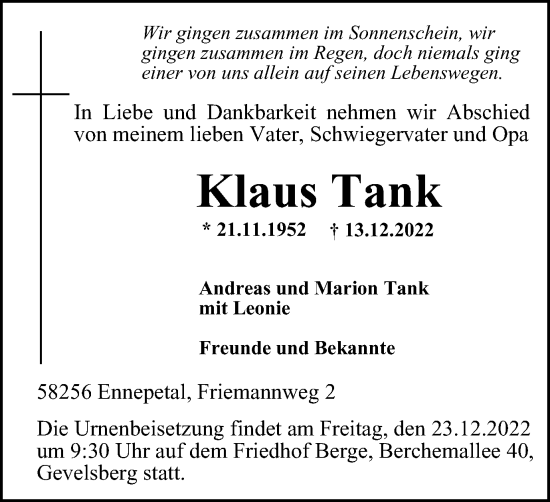 Traueranzeige von Klaus Tank von Tageszeitung
