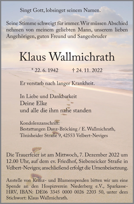 Traueranzeige von Klaus Wallmichrath von WVW Anzeigenblätter