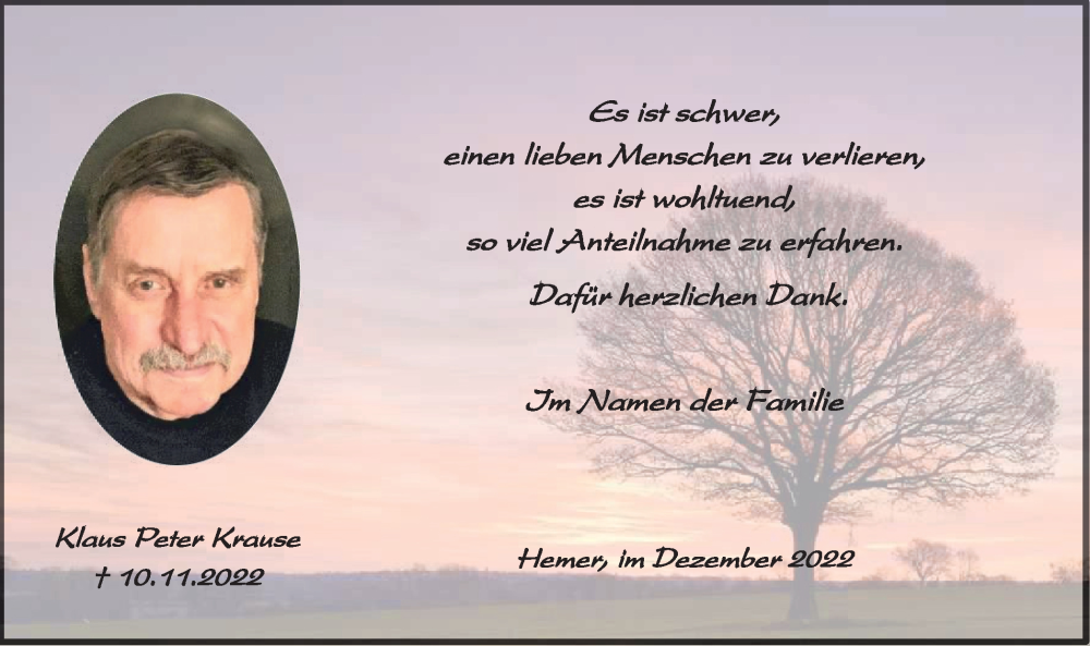  Traueranzeige für Klaus Peter Krause vom 10.12.2022 aus Tageszeitung