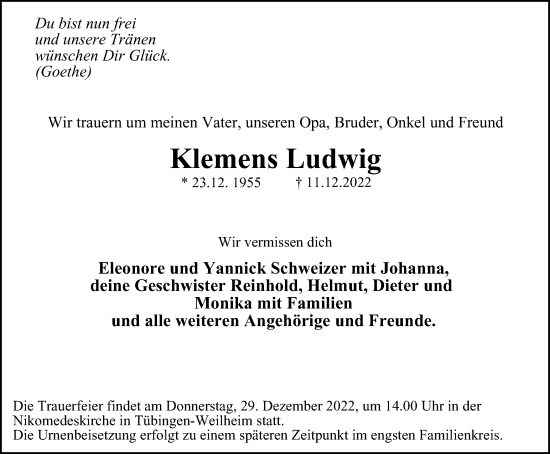 Traueranzeige von Klemens Ludwig von Tageszeitung