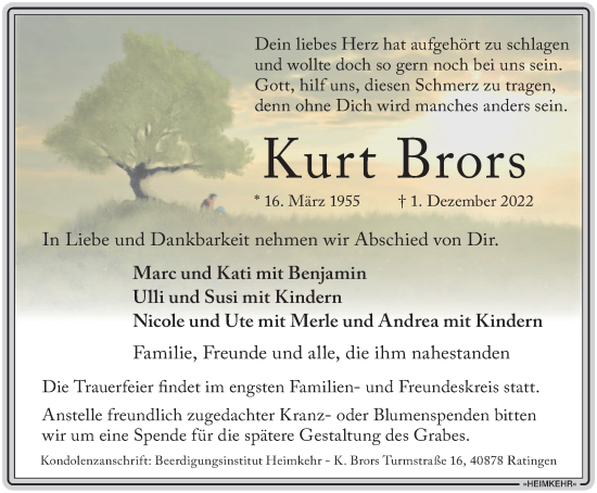 Traueranzeige von Kurt Brors von WVW Anzeigenblätter