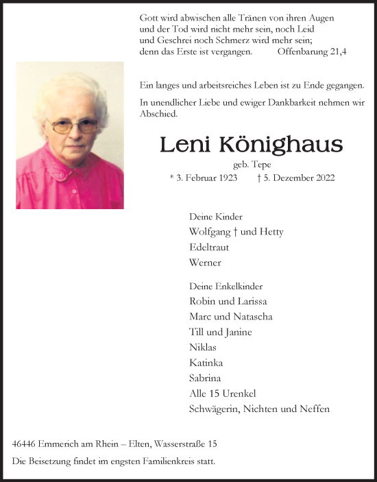 Traueranzeige von Leni Könighaus von WVW Anzeigenblätter
