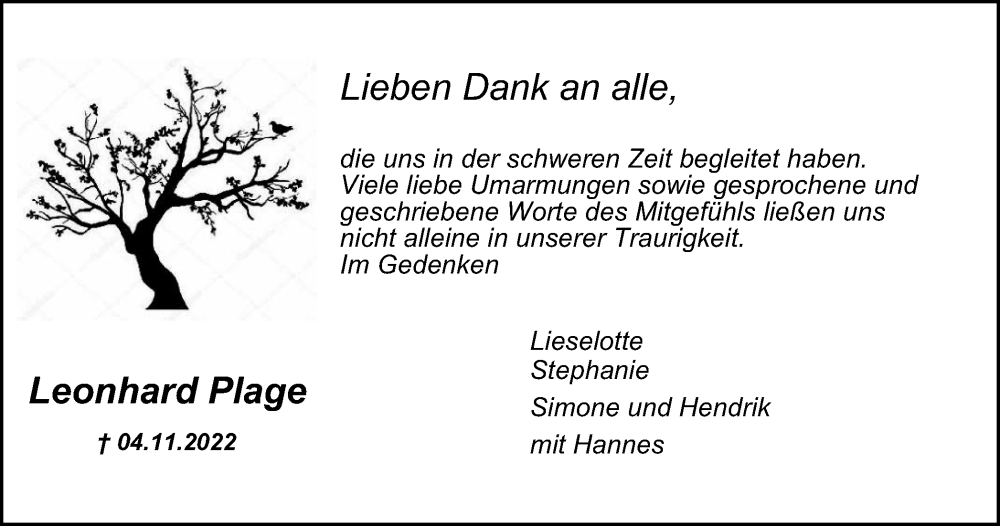  Traueranzeige für Leonhard Plage vom 03.12.2022 aus Tageszeitung