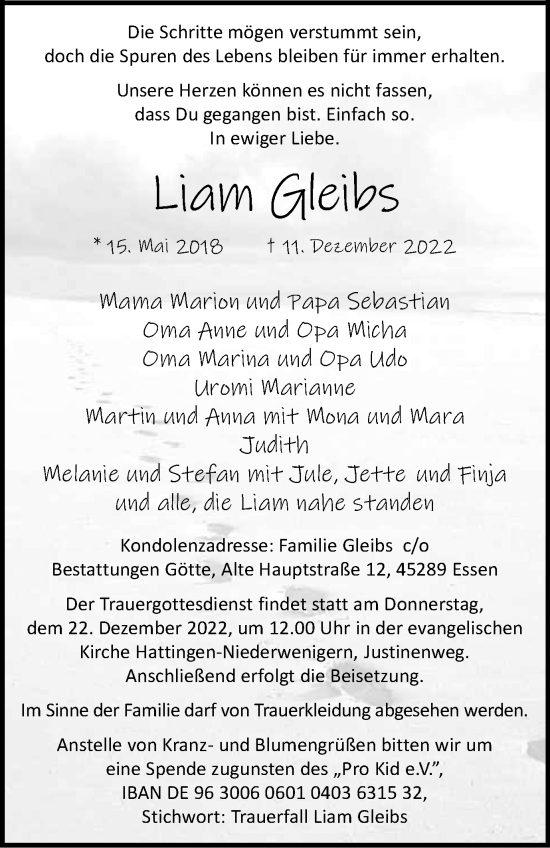 Traueranzeige von Liam Gleibs von Tageszeitung