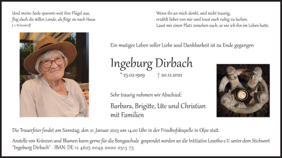 Traueranzeige von lngeburg Dirback von Tageszeitung