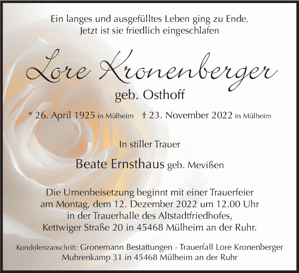  Traueranzeige für Lore Kronenberger vom 03.12.2022 aus WVW Anzeigenblätter