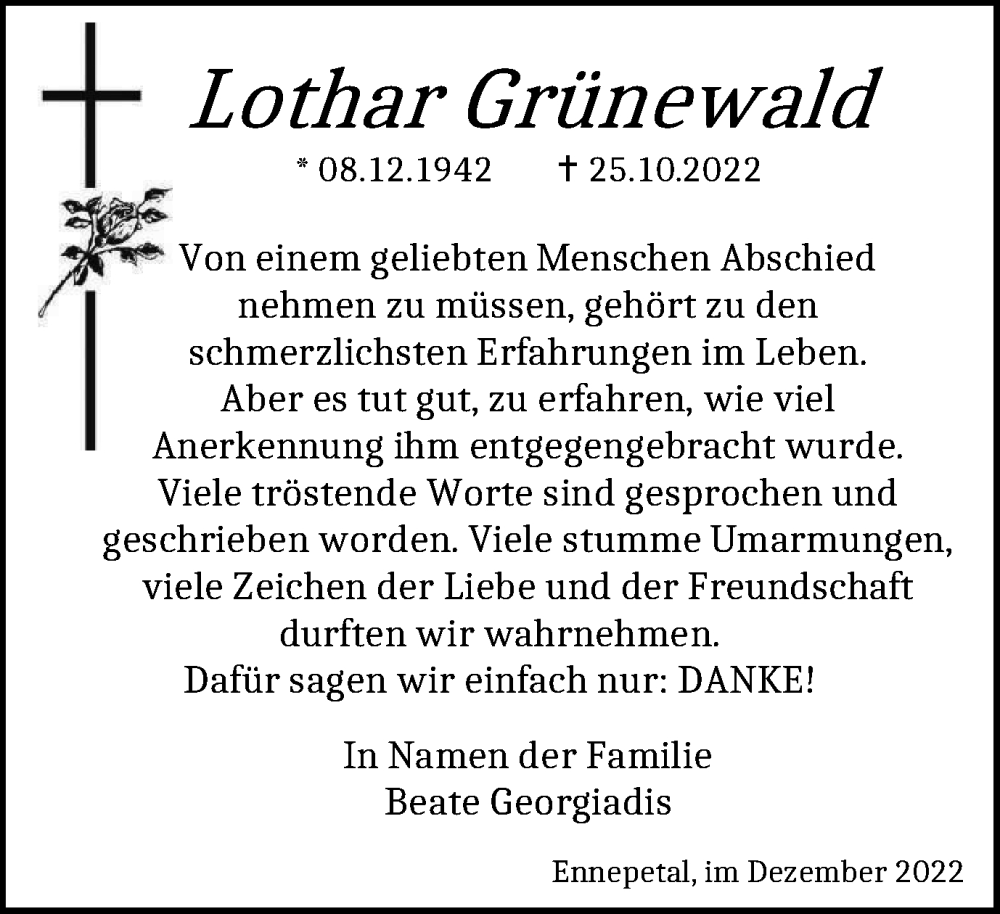  Traueranzeige für Lothar Grünewald vom 24.12.2022 aus Tageszeitung