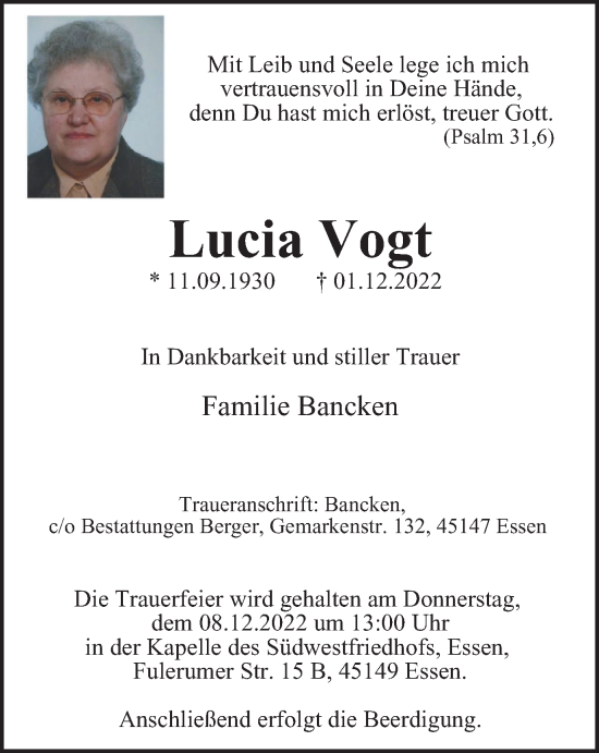 Traueranzeige von Lucia Vogt von Tageszeitung