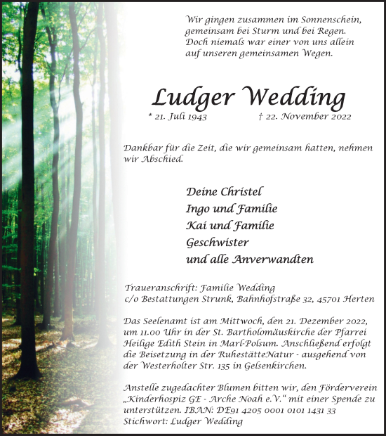 Traueranzeige von Ludger Wedding von Tageszeitung
