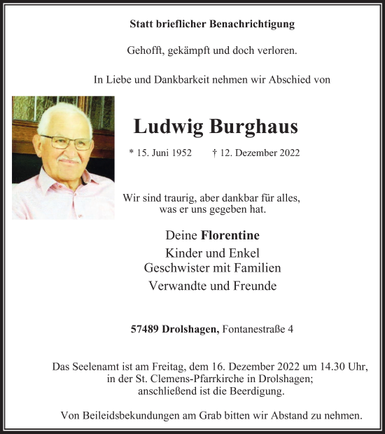 Traueranzeige von Ludwig Burghaus von Tageszeitung