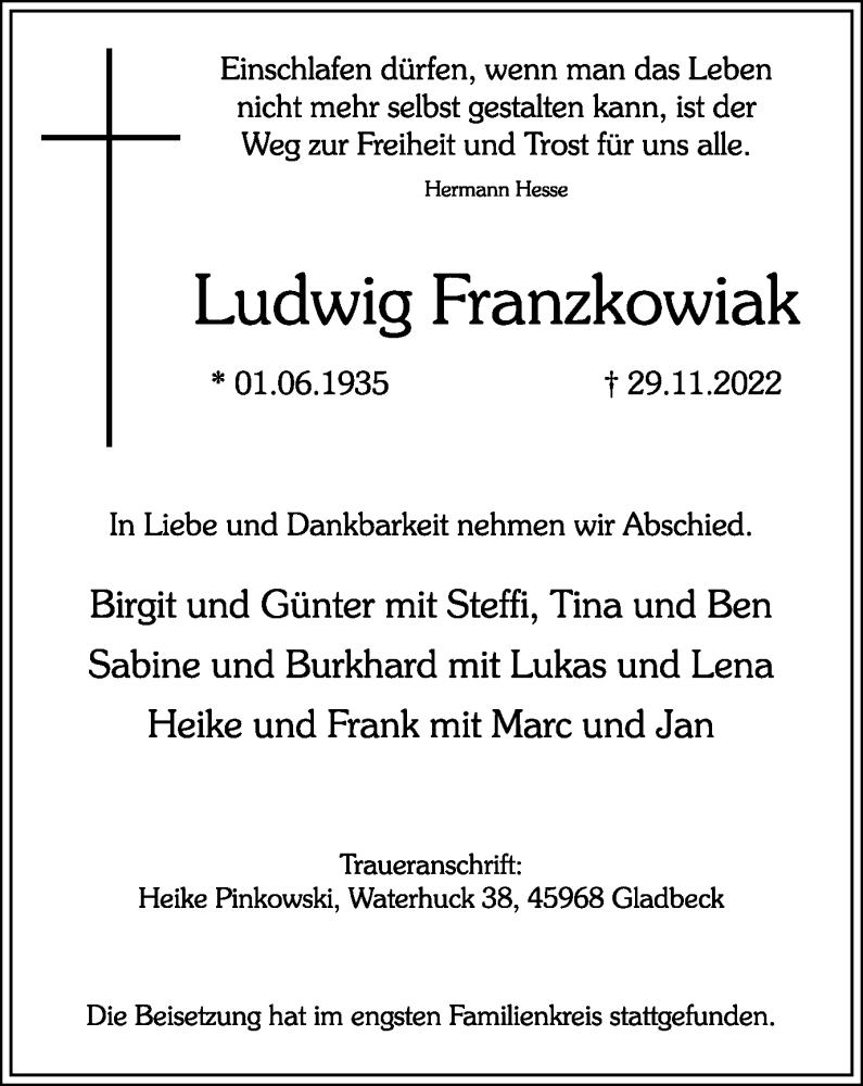  Traueranzeige für Ludwig Franzkowiak vom 10.12.2022 aus WVW Anzeigenblätter