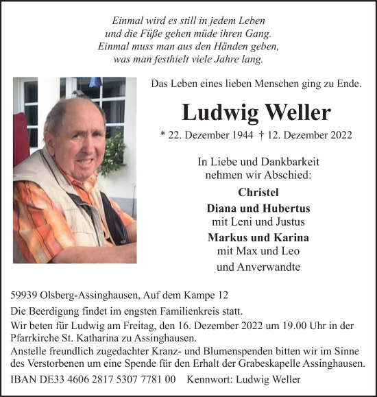 Traueranzeige von Ludwig Weller von Tageszeitung