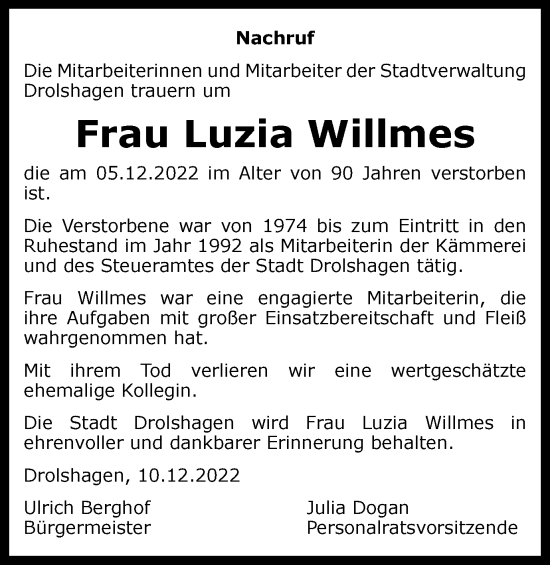 Traueranzeige von Luzia Willmes von Tageszeitung