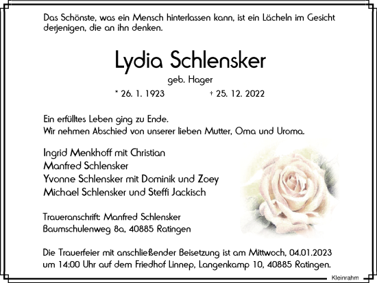 Traueranzeige von Lydia Schlensker von WVW Anzeigenblätter