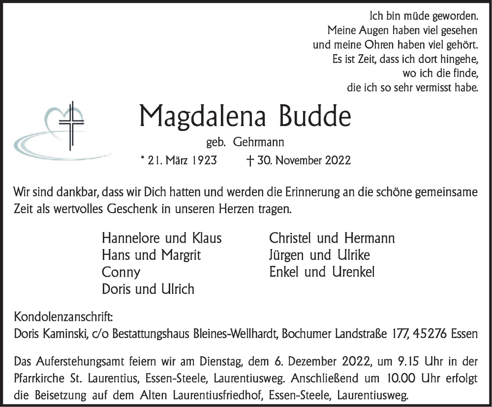 Traueranzeige für Magdalena Budde vom 03.12.2022 aus Tageszeitung