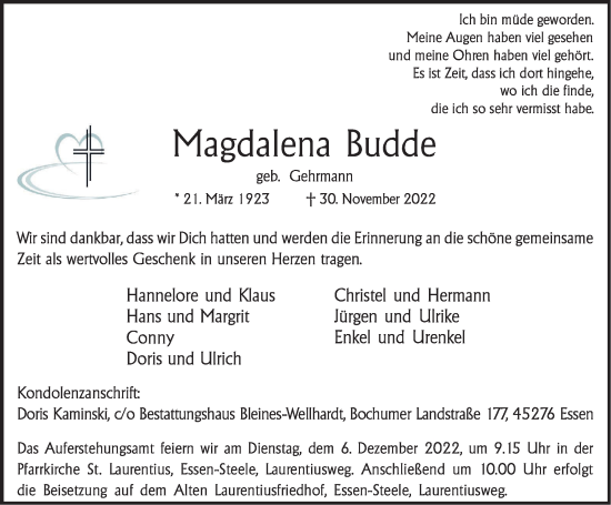 Traueranzeige von Magdalena Budde von Tageszeitung