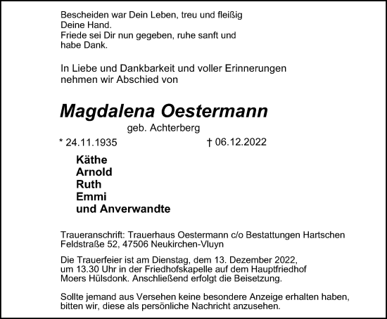 Traueranzeige von Magdalena Oestermann von Tageszeitung
