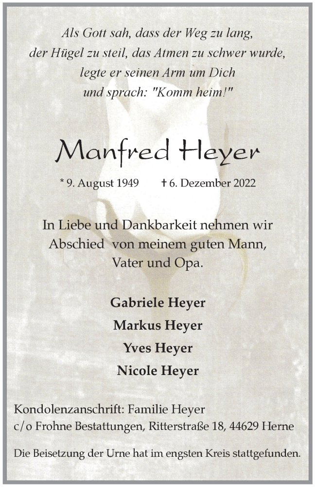  Traueranzeige für Manfred Heyer vom 21.12.2022 aus Tageszeitung