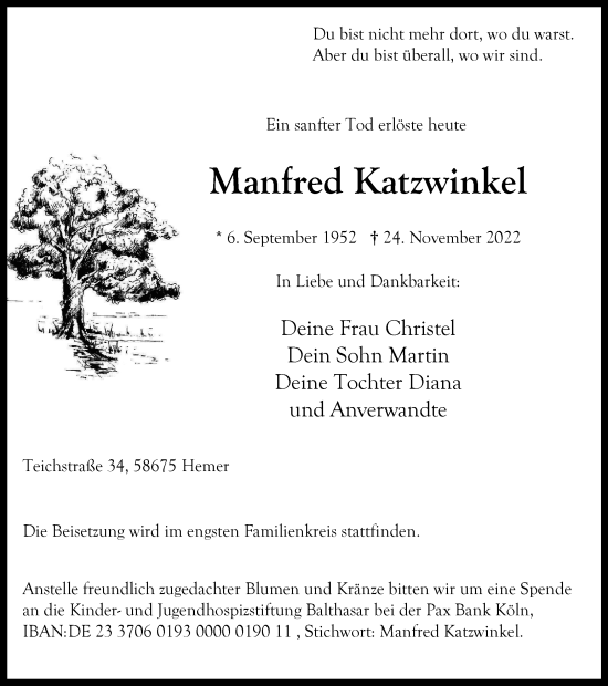 Traueranzeige von Manfred Katzwinkel von Tageszeitung