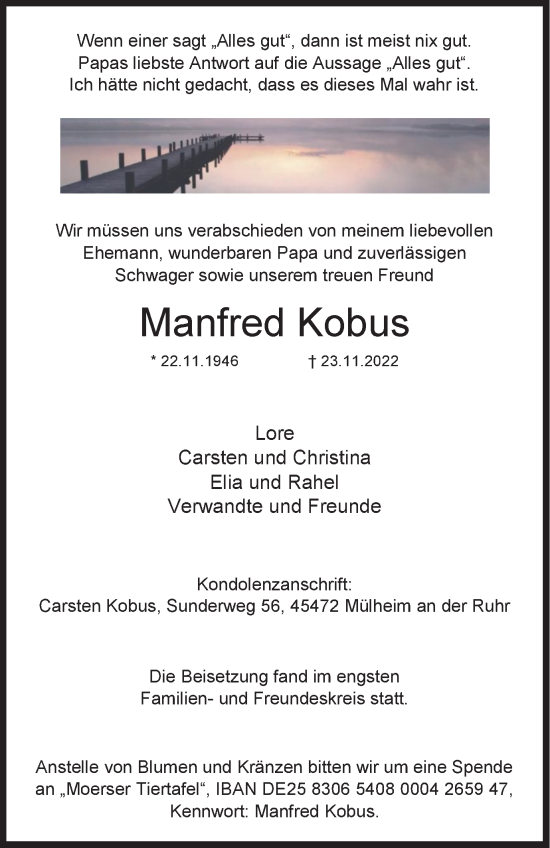 Traueranzeige von Manfred Kobus von Tageszeitung