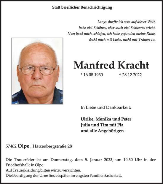 Traueranzeige von Manfred Kracht von Tageszeitung