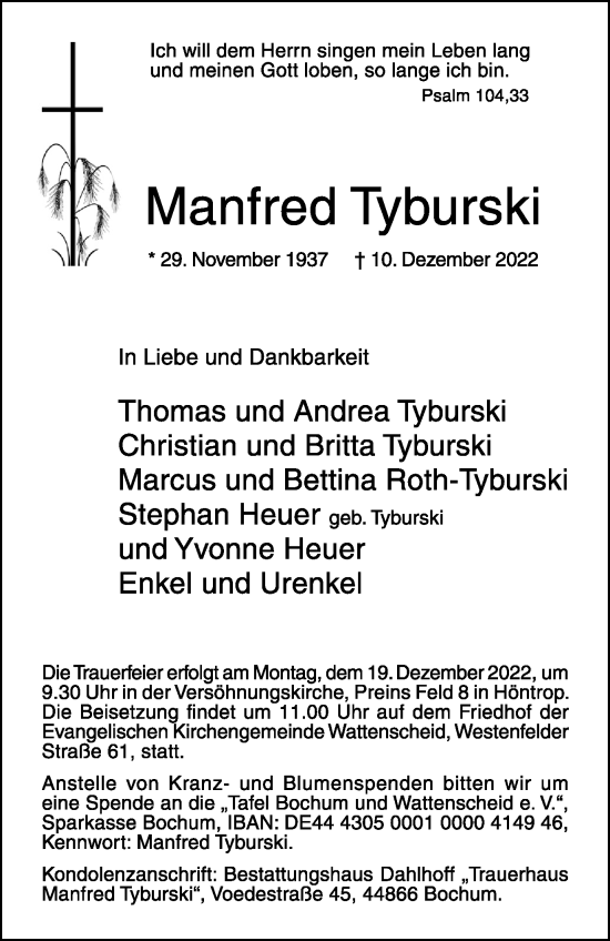 Traueranzeige von Manfred Tyburski von Tageszeitung