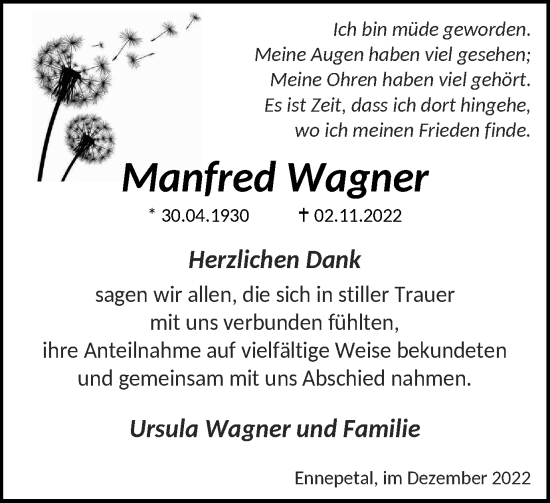 Traueranzeige von Manfred Wagner von Tageszeitung