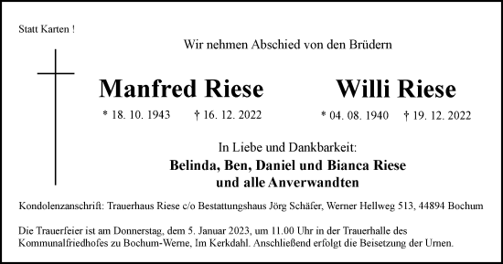 Traueranzeige von Manfred und Willi Riese von Tageszeitung