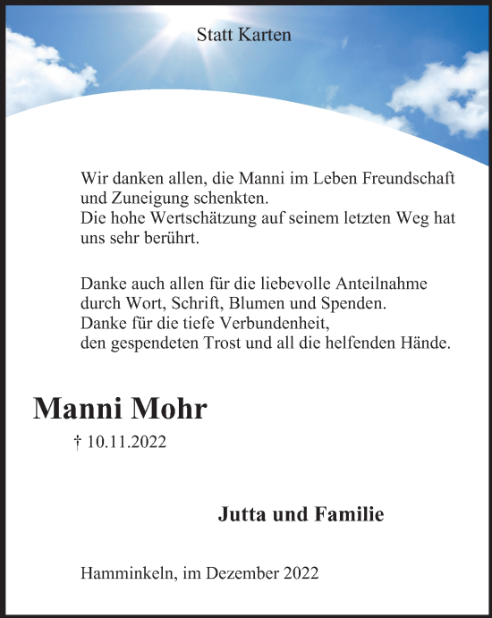 Traueranzeige von Manni Mohr von Tageszeitung