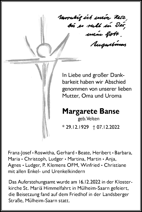 Traueranzeige von Margarete Banse von WVW Anzeigenblätter