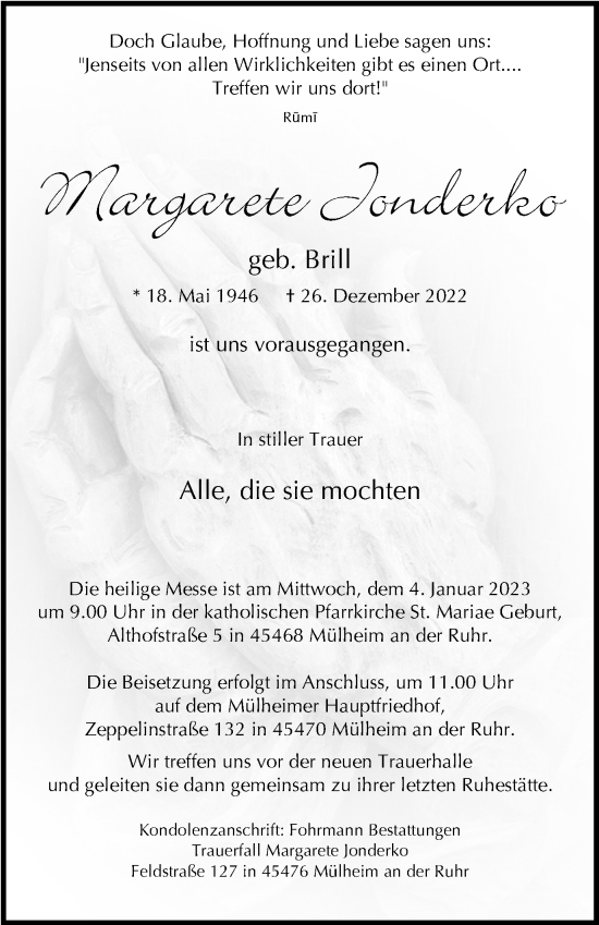 Traueranzeige von Margarete Jonderko von Tageszeitung