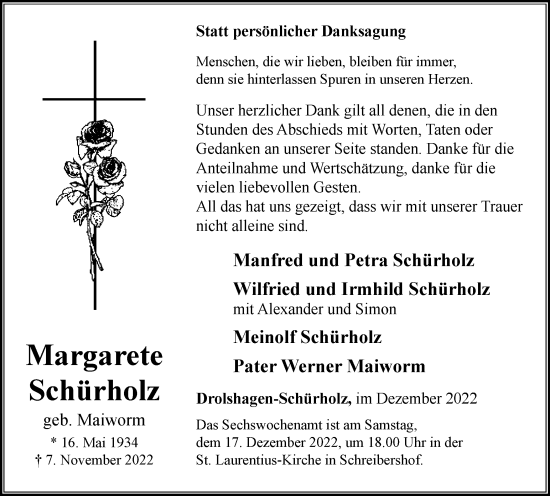 Traueranzeige von Margarete Schürholz von Tageszeitung