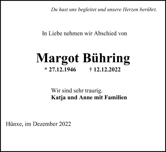 Traueranzeige von Margot Bühring von Tageszeitung