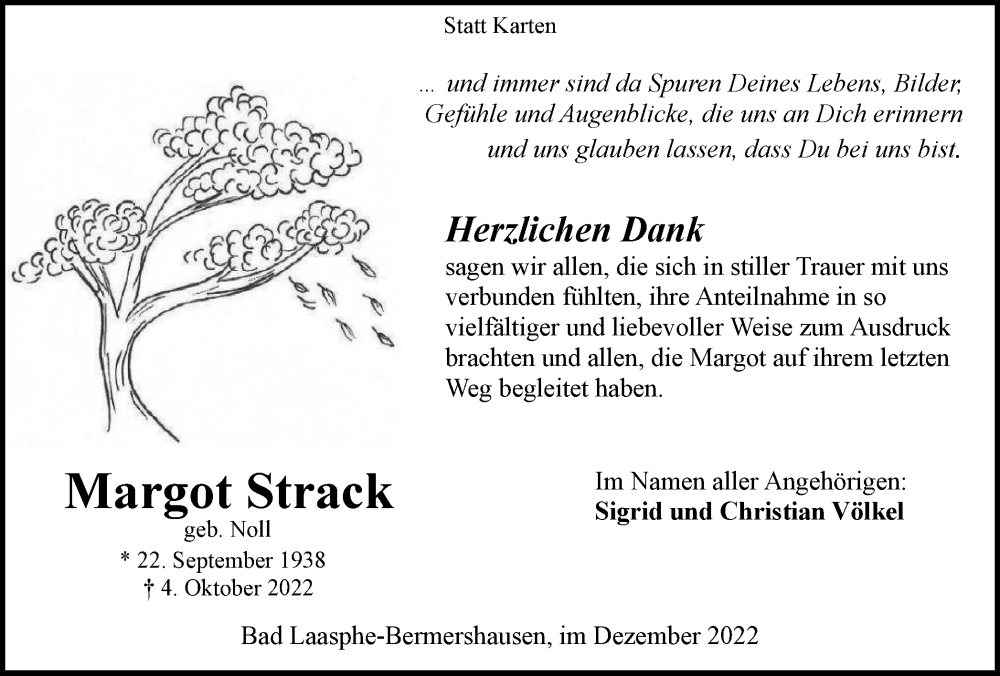 Traueranzeige für Margot Strack vom 03.12.2022 aus Tageszeitung