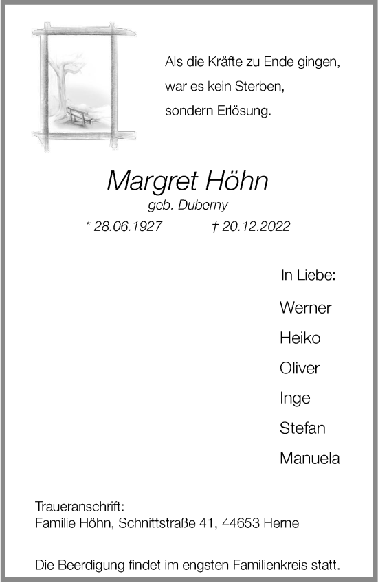 Traueranzeige von Margret Höhn von Tageszeitung