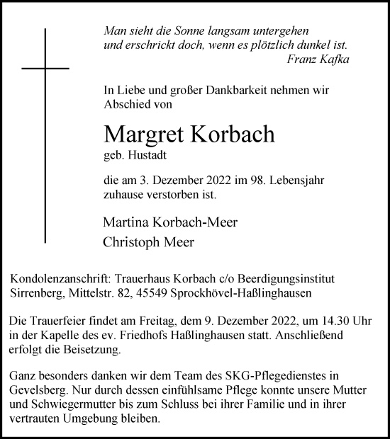 Traueranzeige von Margret Korbach von Tageszeitung
