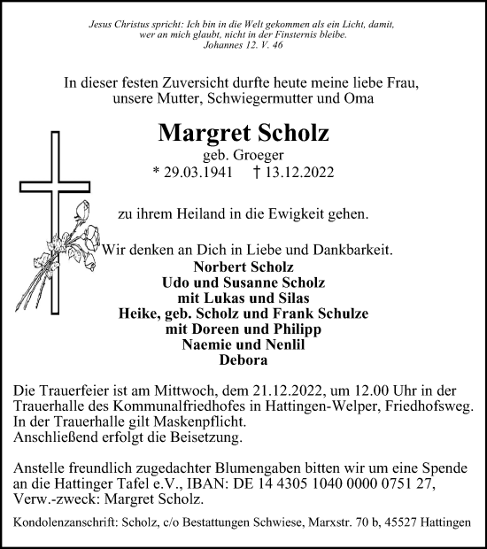 Traueranzeige von Margret Scholz von WVW Anzeigenblätter